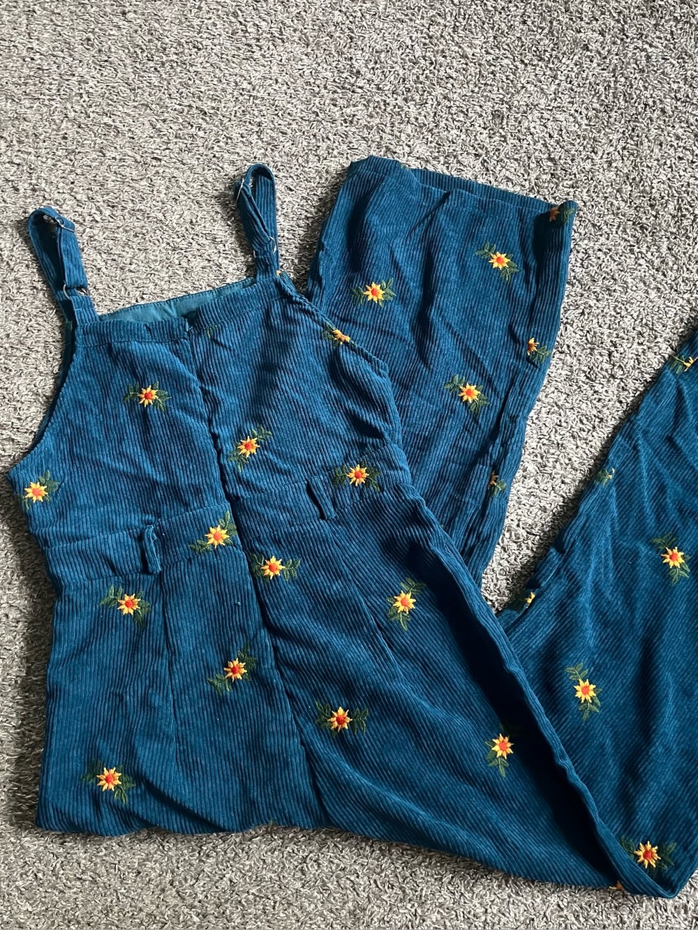 Women's Sunflower Embroidered Corduroy Overalls Teal Medium Boho Wide Leg - Picture 4 of 7